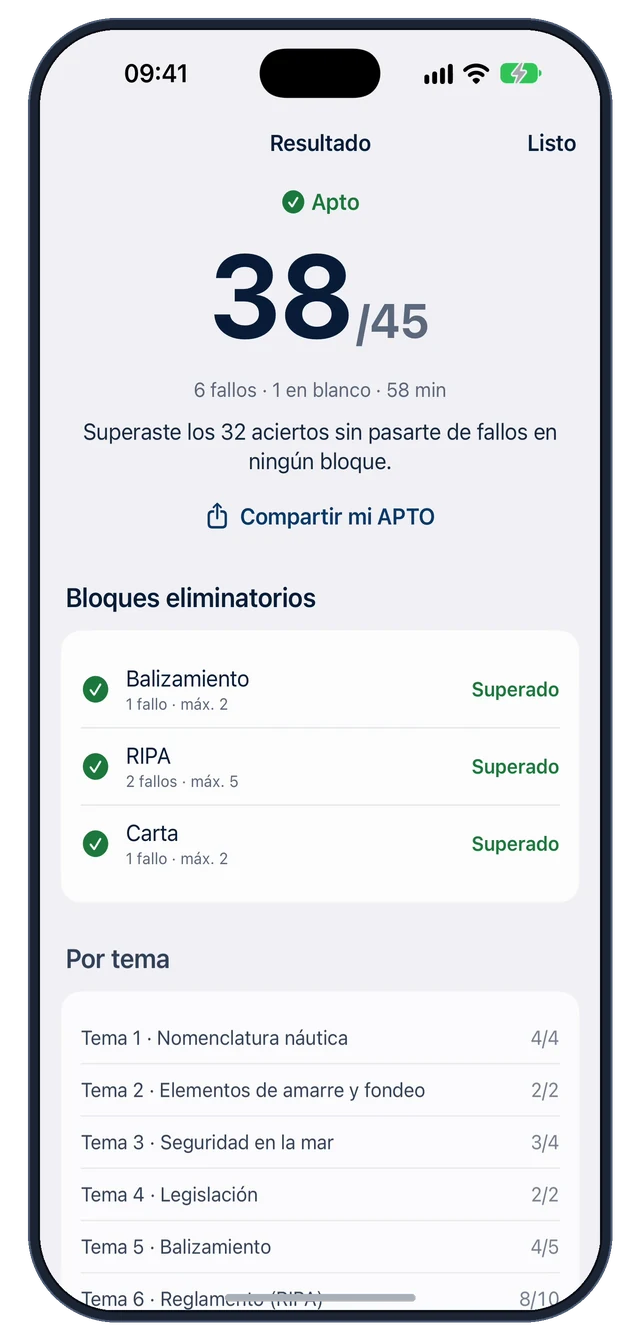 Resultado APTO de un simulacro en PER Fácil: 38 de 45 y los tres bloques superados